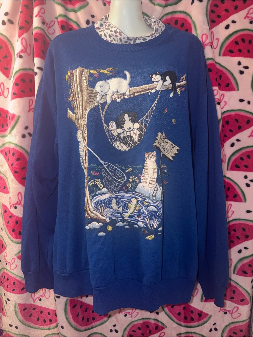 💙 Vintage Novelty Cat Graphic Sweatshirt with White Collar